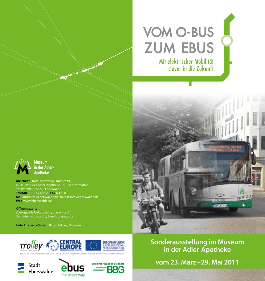 Faltblatt Sonderausstellung „Vom O-Bus zum Ebus - Mit elektrischer Mobilität clever in die Zukunft” Seite 1